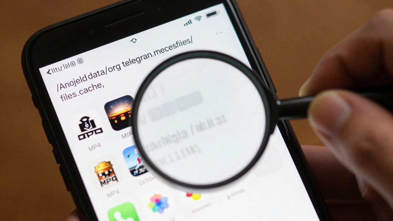 Экран Android-телефона с видимыми файлами кэша Telegram в папке cache.