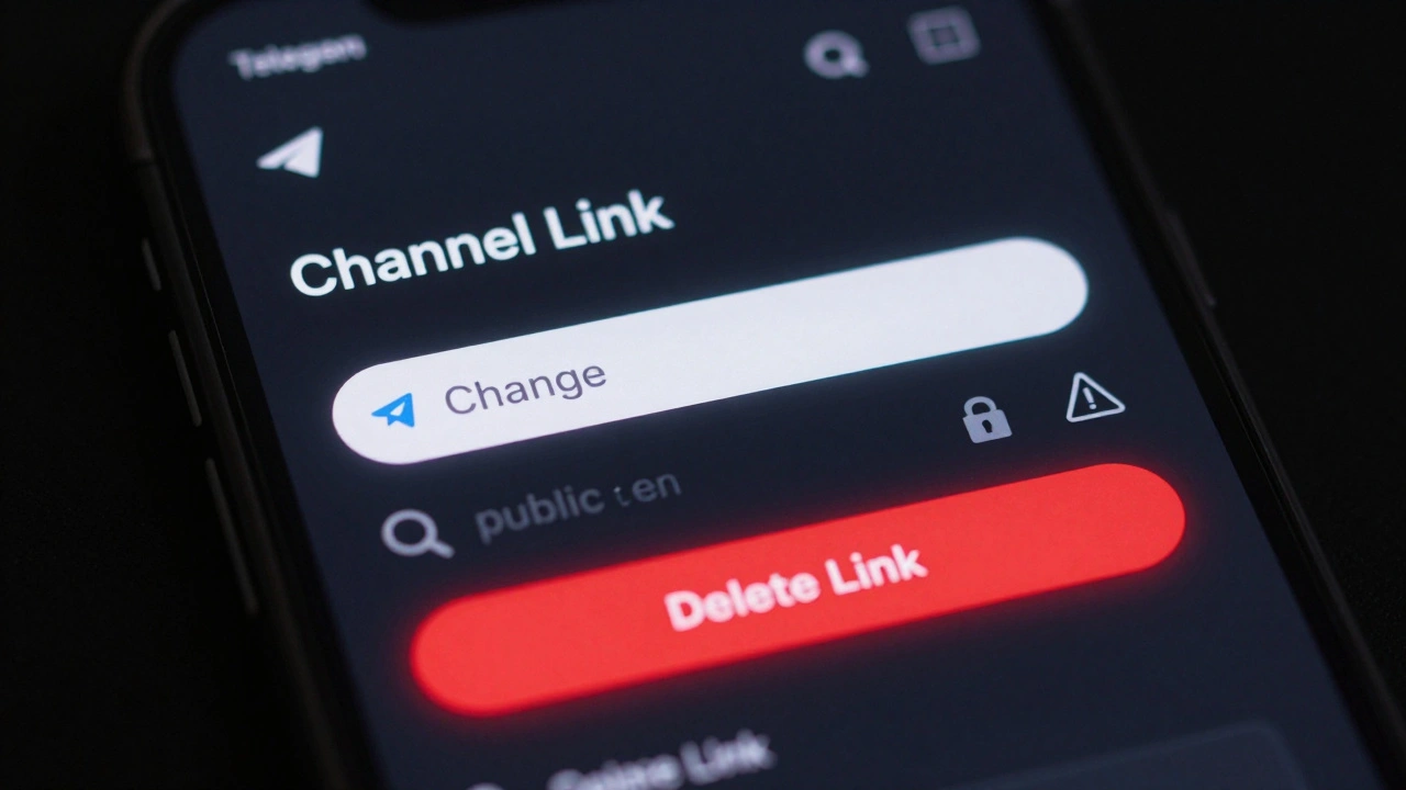 Экран настройки канала Telegram с опциями изменения и удаления ссылки.