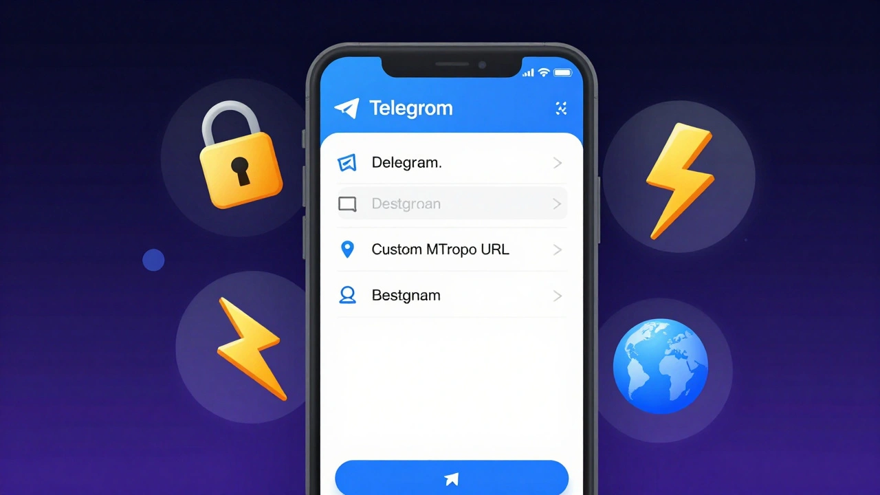 Экран телефона с настройками прокси в Telegram, показывающий подключённый пользовательский MTProto-адрес