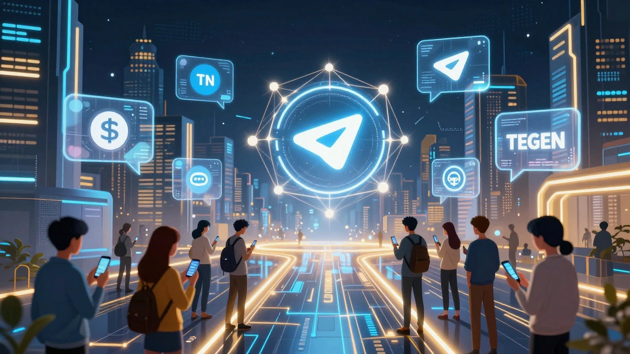 Голографическая сцена с токенами TON и USDT, где люди по всему миру торгуют через Telegram, соединённые сетью блокчейна.