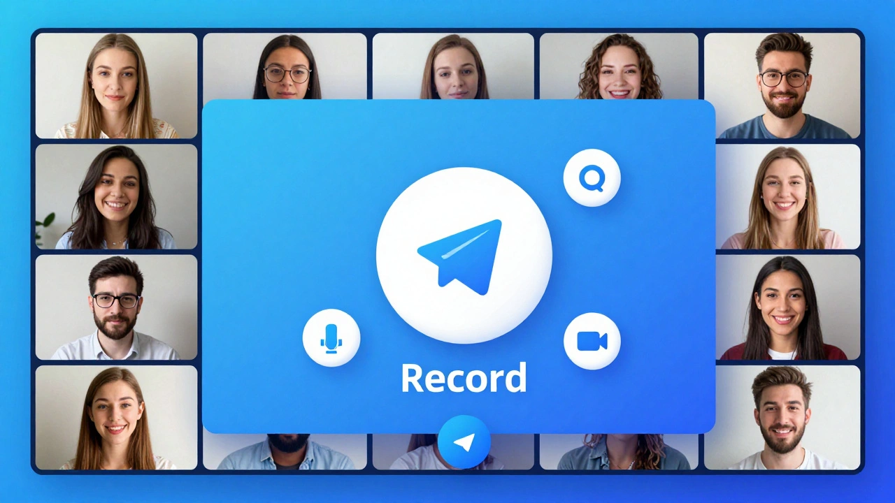 Групповой видеозвонок в Telegram с десятью участниками, одна из них нажимает кнопку записи.