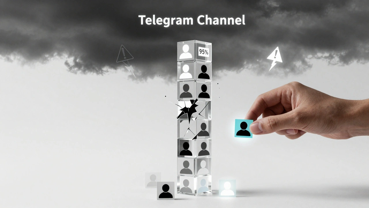 Хрупкая башня из подписчиков, где большинство иконок разрушены, а немногие настоящие остаются прочными.