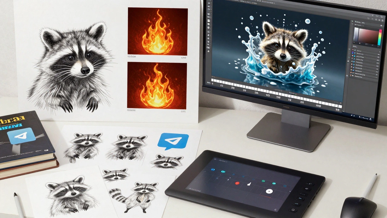 Художник работает над премиум-стикерами: эскизы, диаграммы физики воды и анимационные кадры на мониторе.