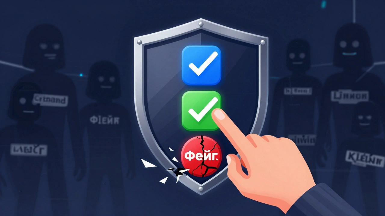 Иллюстрация цифрового щита с синими и зелёными галочками, разрушающийся красный символ подделки.