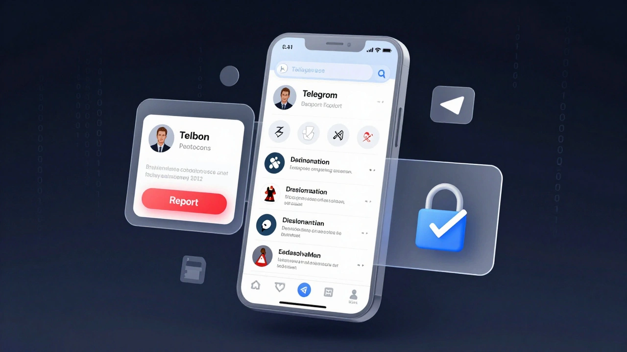 Интерфейс Telegram с тремя панелями: жалоба на аккаунт, канал с запрещённым контентом и значок защиты.