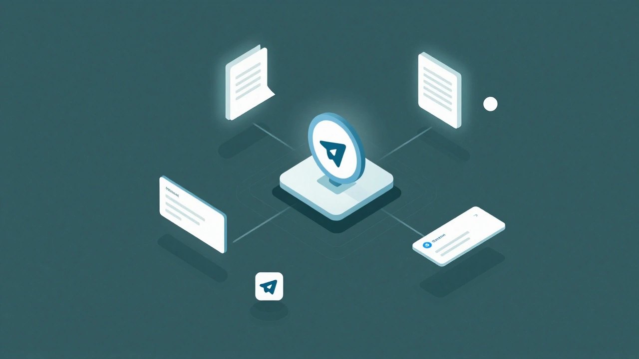 Изометрическая схема управления каналом Telegram: главный аккаунт, ограниченные права, бот-модератор и резервные копии контента.