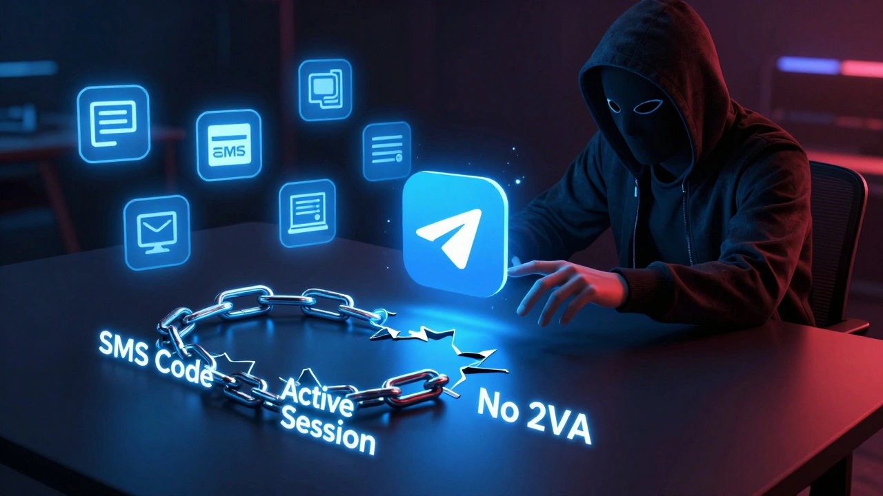 Киберпанк-иллюстрация: три сломанных звена безопасности и хакер, пытающийся получить доступ к аккаунту Telegram.