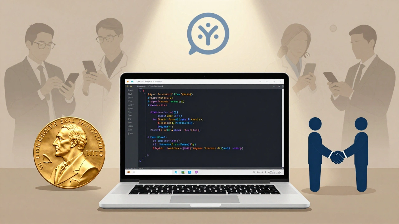 Код Signal Protocol на экране ноутбука, вокруг — символы научного одобрения и профессионалов, использующих приложение.