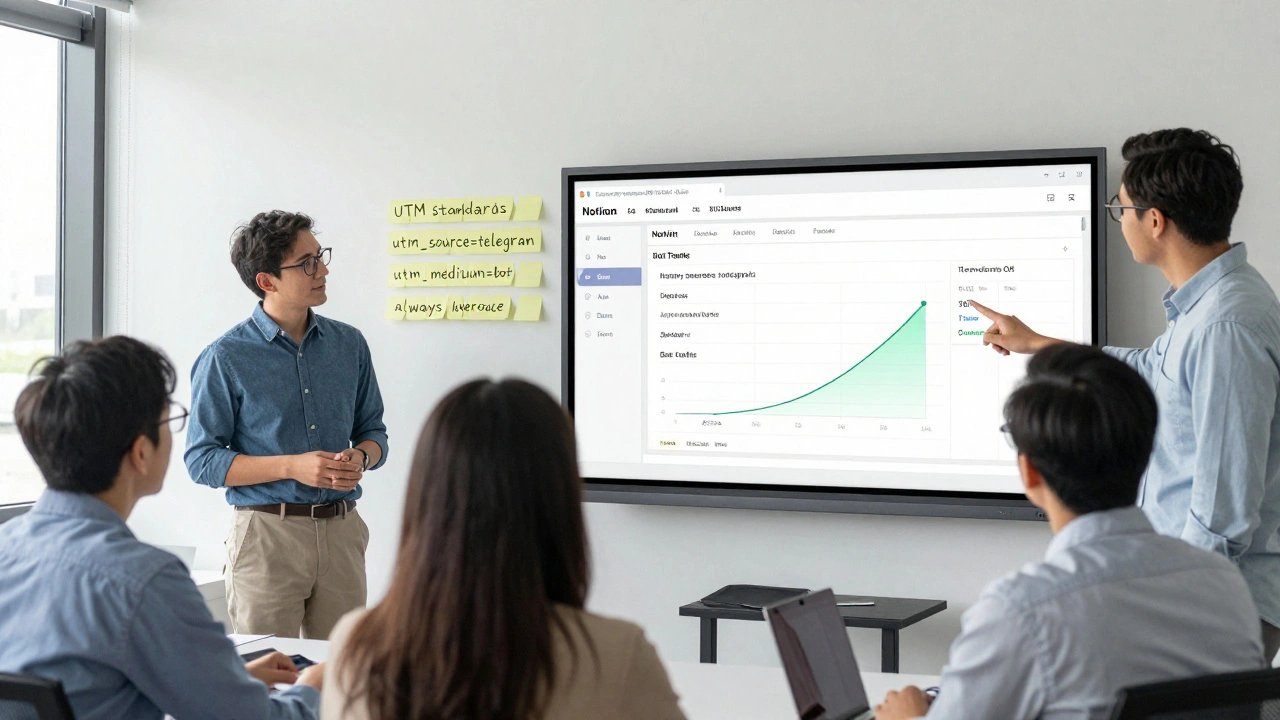 Команда маркетологов анализирует таблицу с автоматически генерируемыми UTM-ссылками в Notion.