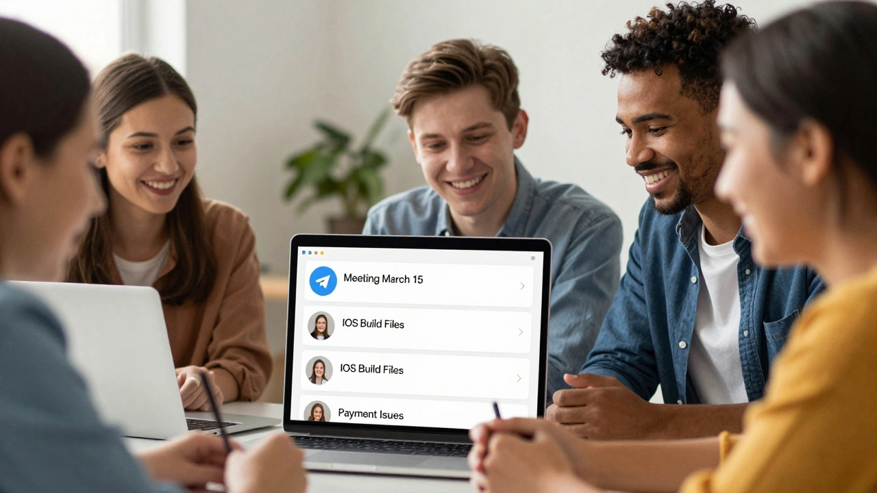 Команда просматривает организованные ветки обсуждения в Telegram с четкими заголовками тем.