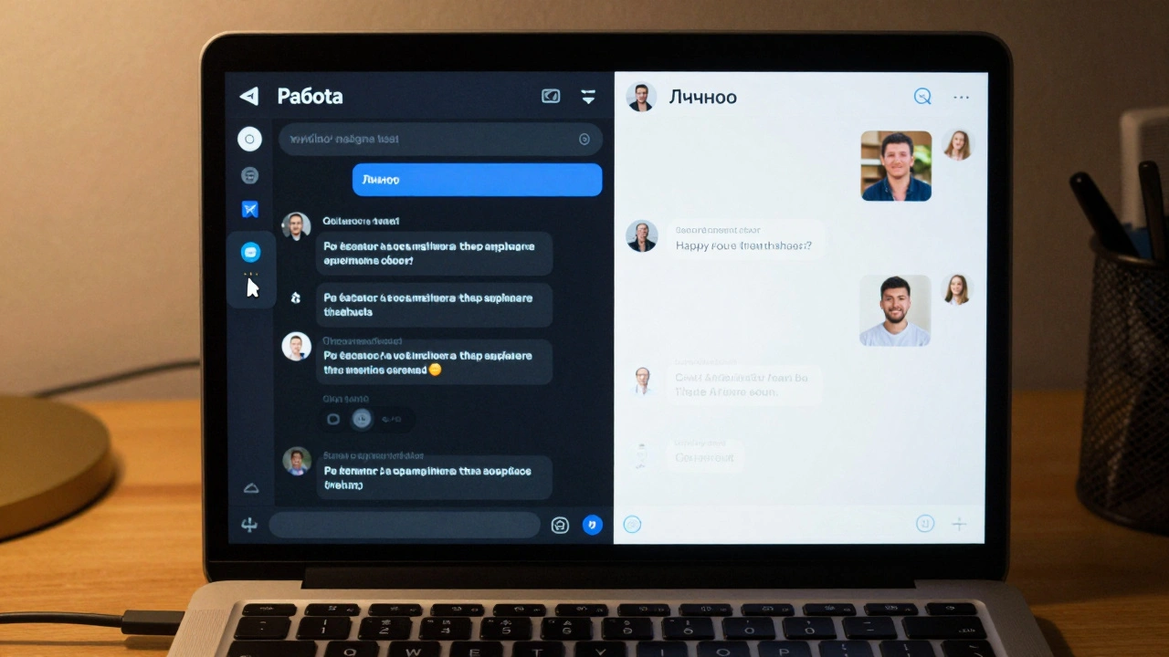 Компьютер с двумя окнами Telegram: рабочий и личный, разные темы оформления.