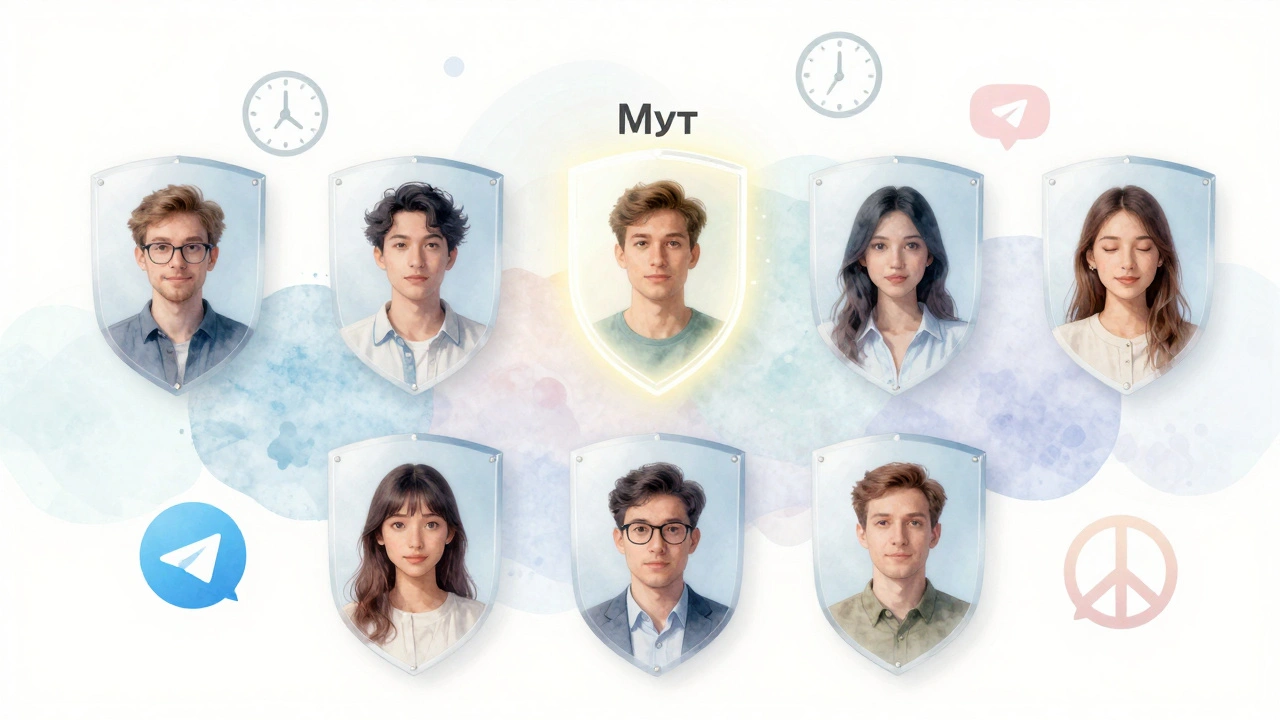 Концептуальное изображение группы Telegram с прозрачными щитами, символизирующими ограничения для одного участника, остальные — свободны к общению.