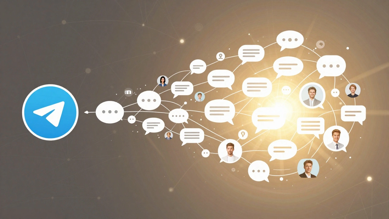 Концептуальное изображение роста сообщества: пост в канале превращается в активный чат с участниками.