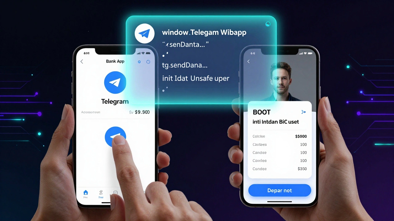 Концептуальное изображение веб-приложения в Telegram с подсветкой скрытого JavaScript-слоя и данными пользователя.