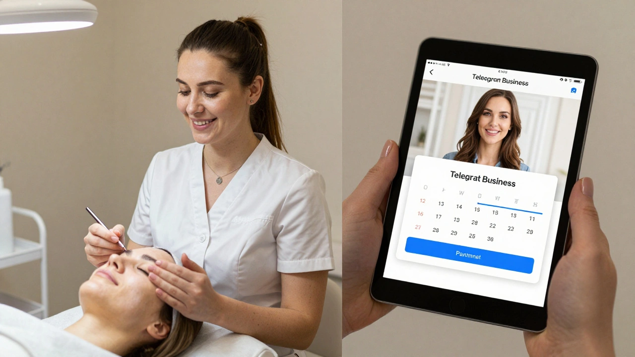 Косметолог на приеме с таблицей записи и подтверждением оплаты в Telegram.