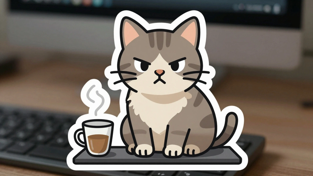 Кот сидит на клавиатуре и смотрит в камеру, рядом — остывшая чашка кофе, передавая усталость и сопротивление.