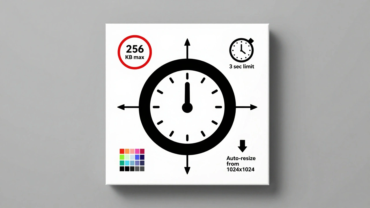 Квадратный холст 512x512 с ограничениями: размер файла, длительность анимации и количество цветов.