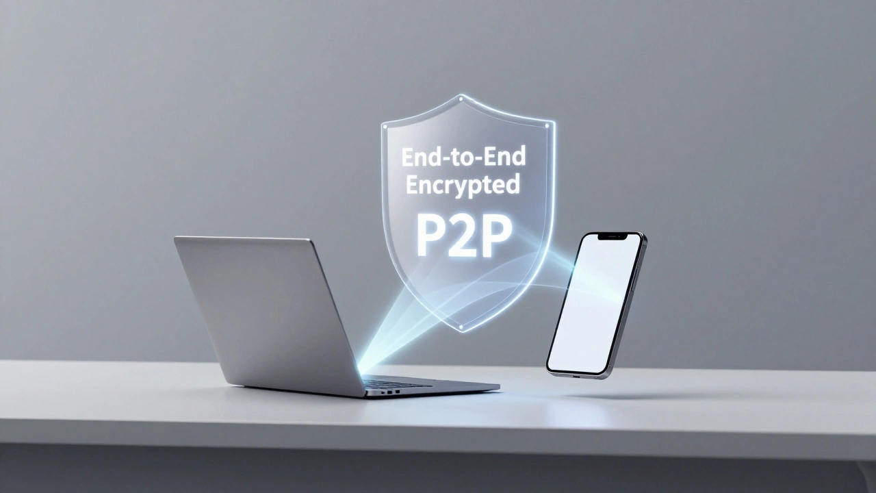 Лaptop и смартфон соединены световыми лучами, символизирующими зашифрованное P2P-соединение в Telegram.