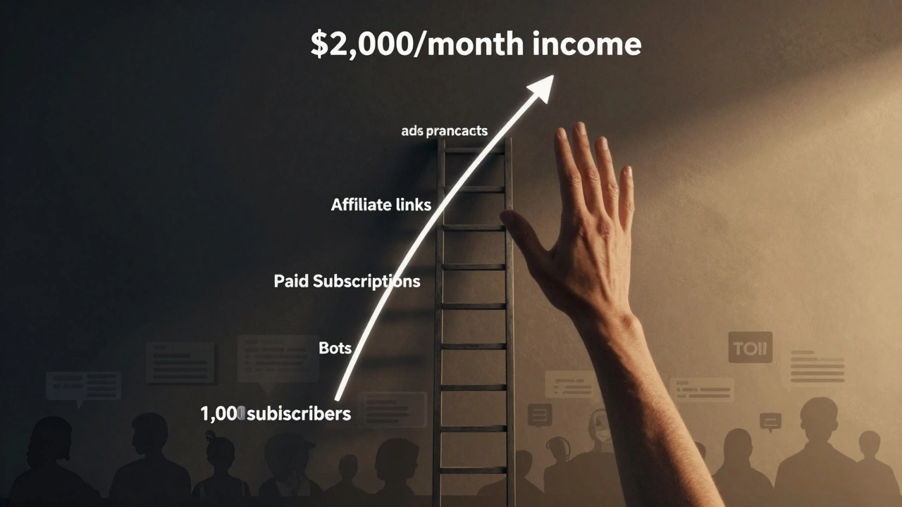 Лестница, ведущая от 1000 подписчиков к доходу в 2000 долларов, с шагами, обозначающими способы заработка в Telegram.