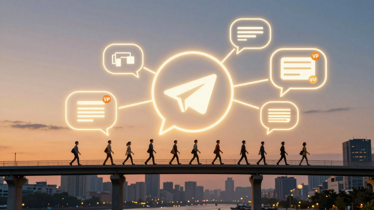 Логотип Telegram превращается в мост из чат-бабблов с моделями продаж, символизируя рост бизнеса.