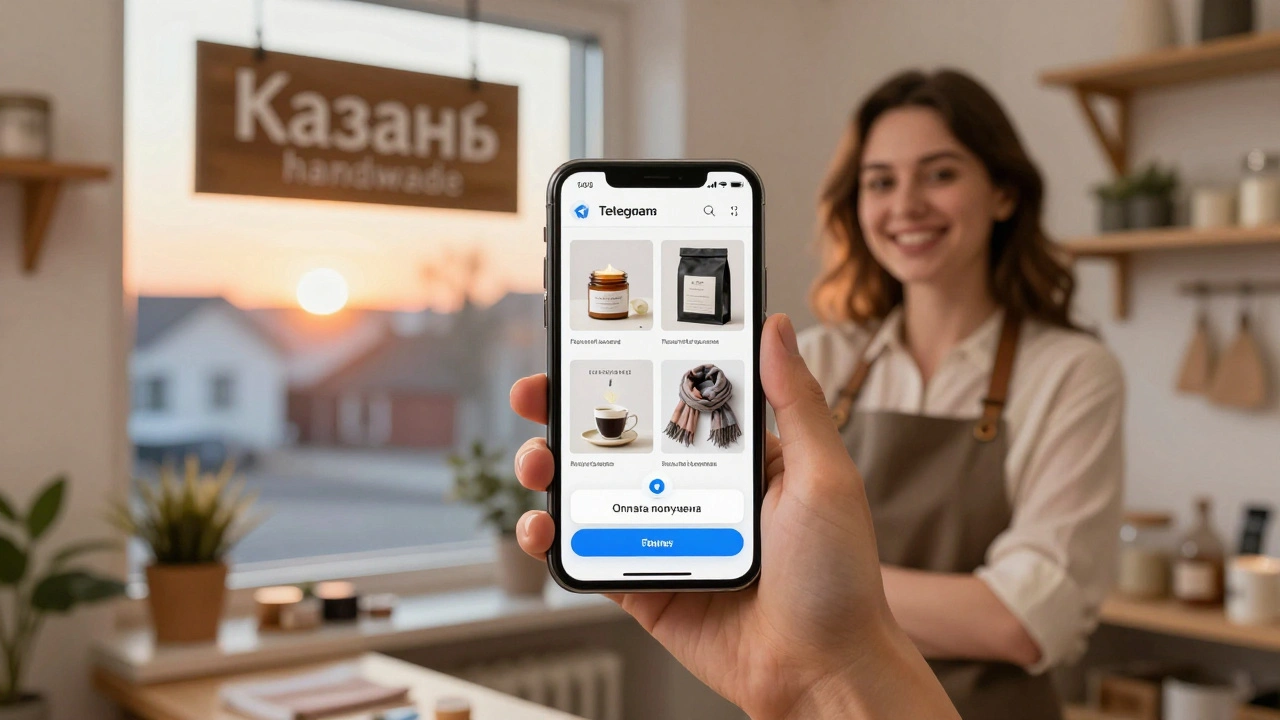 Малый предприниматель в России покупает товар через Telegram Store, на экране виден процесс оформления заказа с уведомлением об оплате.
