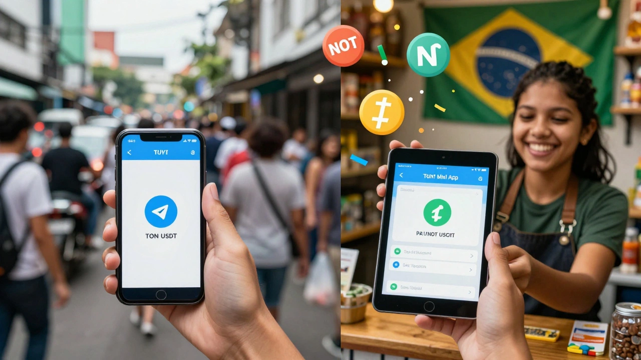 Молодой человек в Индонезии и владелец магазина в Бразилии совершают сделки через Telegram Mini App на своих телефонах.