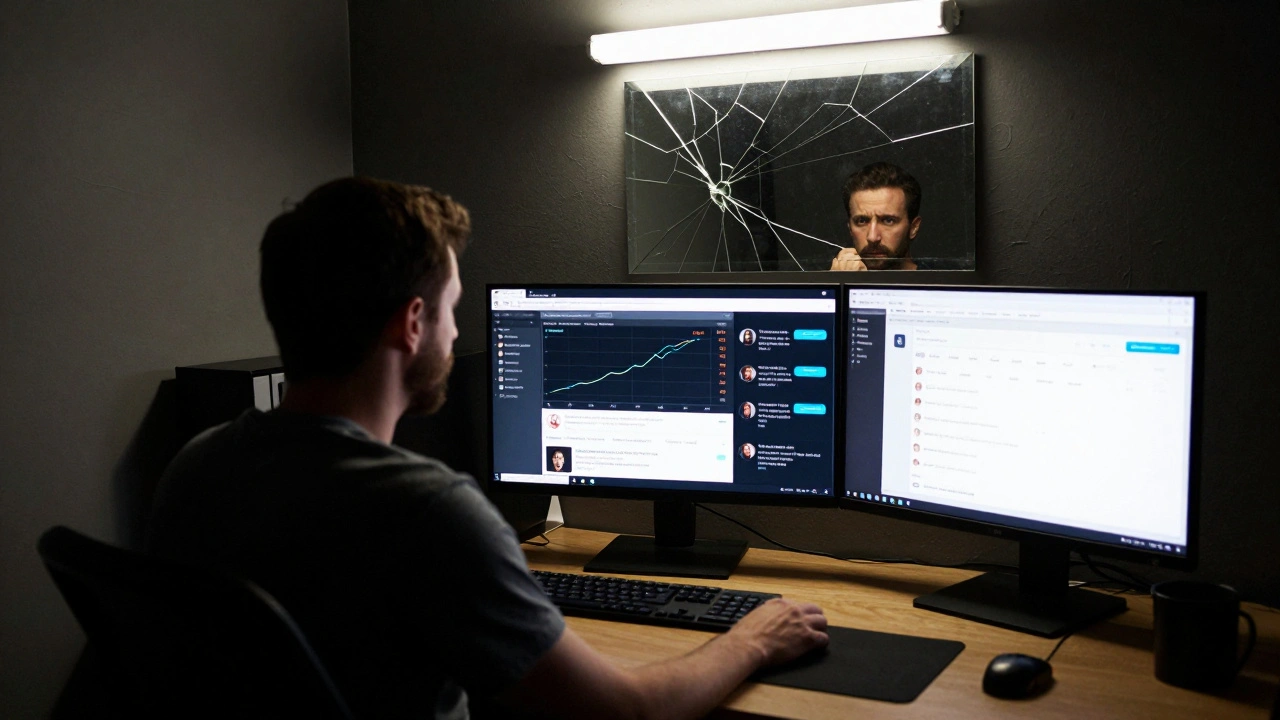 Мужчина в офисе смотрит на мониторы, показывающие фейковые инвестиции и Telegram-чаты, зеркало отражает его тревогу.