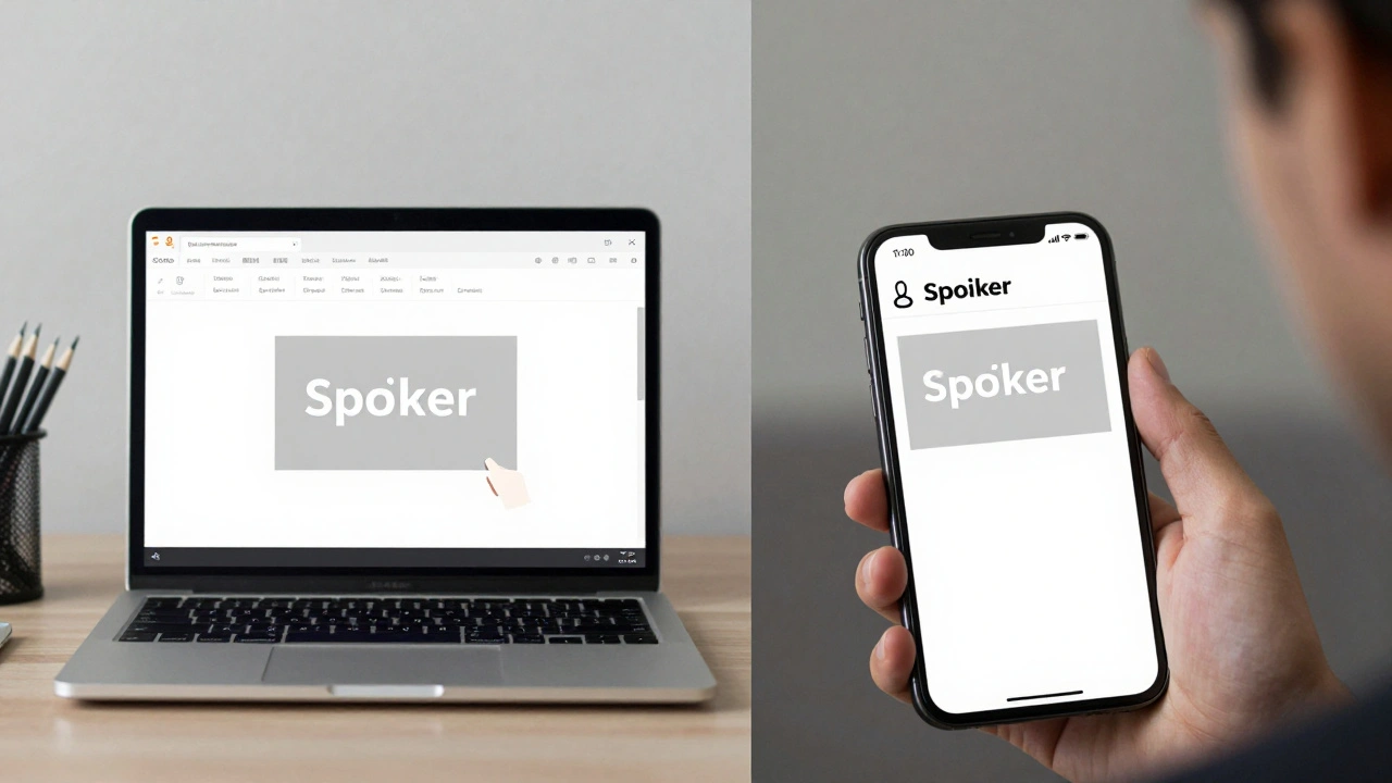На экране ноутбука и телефона одновременно показаны спойлер и обычный медиафайл — в офисной обстановке.