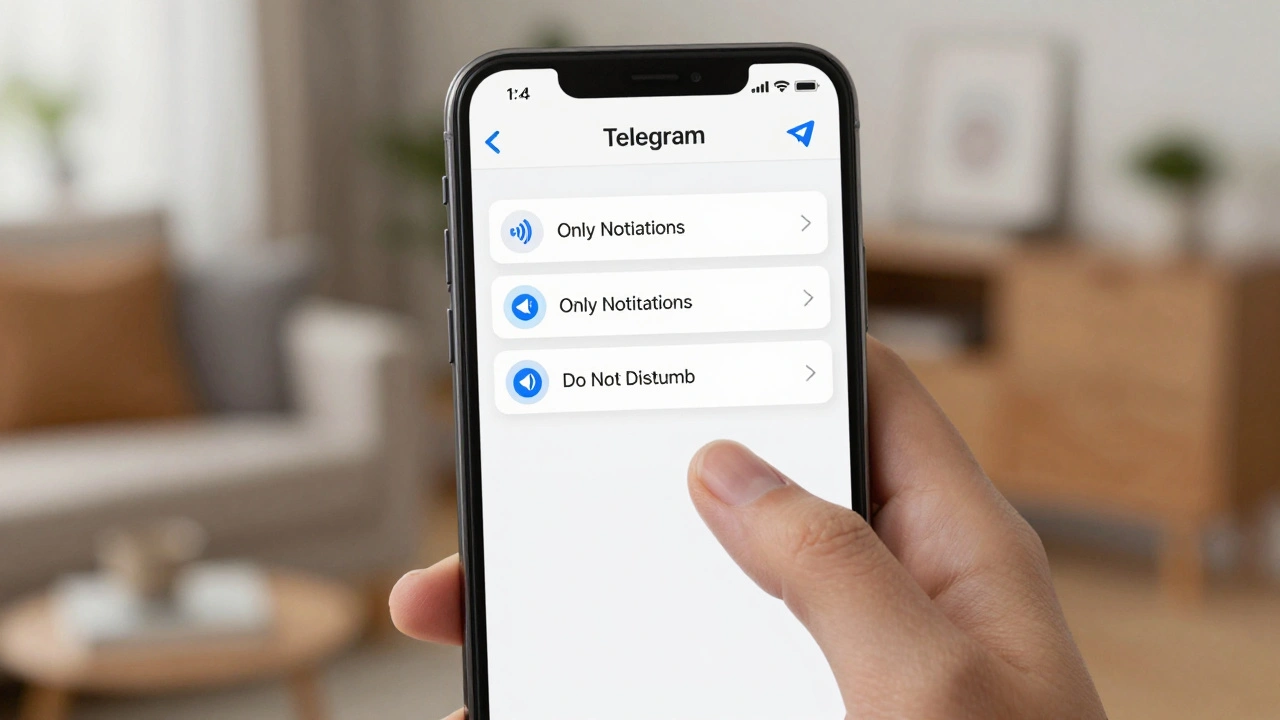 На экране телефона настройки уведомлений Telegram с выбранной опцией 'Только уведомления'.