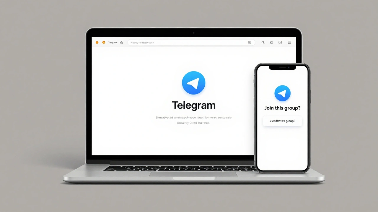 На ноутбуке и смартфоне одновременно отображаются интерфейсы Telegram при присоединении по ссылке, без текста на экранах.