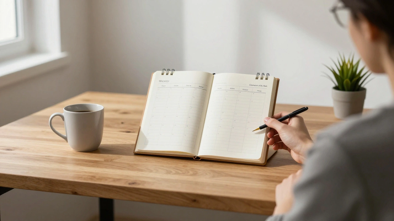 Недельный план контента на столе с метками: 'Вопрос дня', 'Сравнение недели', 'История из практики'.