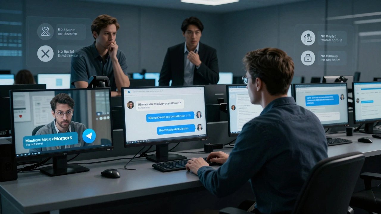 Новички наблюдают за опытным модератором, который спокойно реагирует на агрессию в чате.