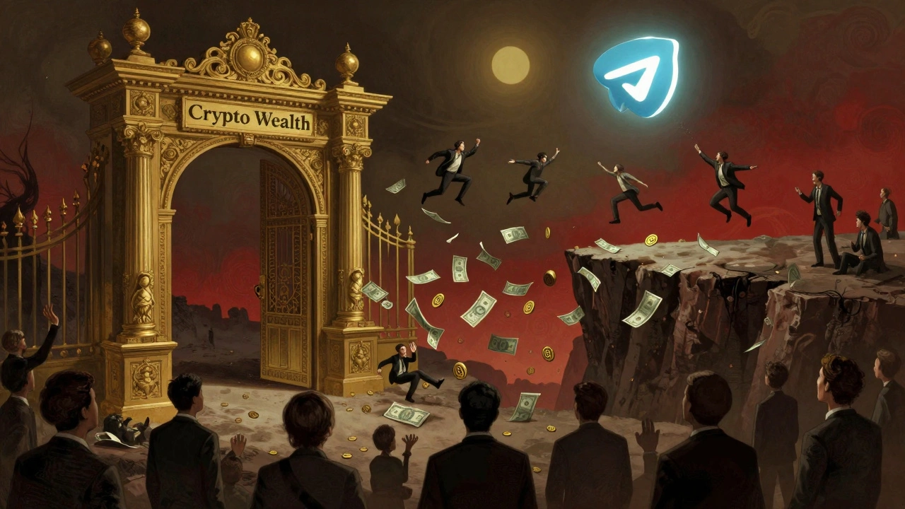 Открывающиеся ворота ведут к пропасти, где люди прыгают с фальшивыми деньгами, а над ними светится логотип Telegram.
