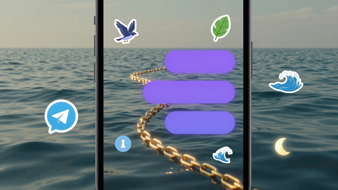 Персонализированная тема Telegram как живая экосистема: океанский фон, золотые ссылки и плавающие анимированные стикеры.