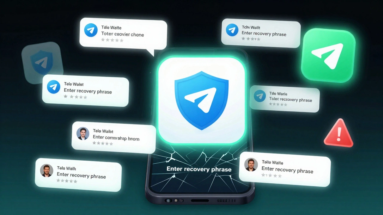 Поддельный бот с логотипом TON и фальшивыми отзывами рядом с настоящим кошельком, подчёркивающий обман.