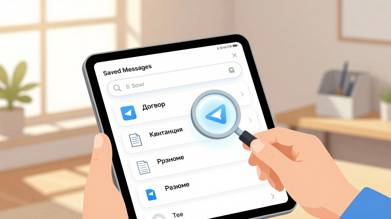 Пользователь просматривает сохранённые сообщения в Telegram с важными файлами на планшете.