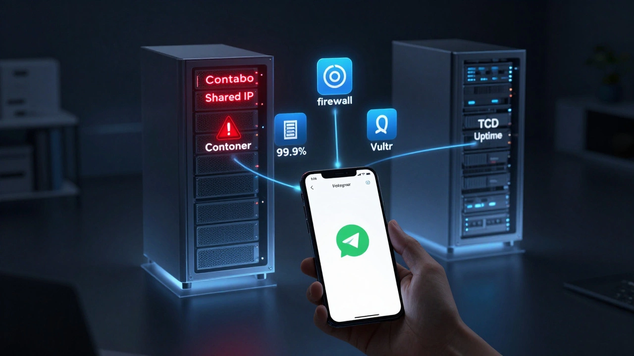Пользователь с Telegram на телефоне, позади — серверы с различной стабильностью соединений: Contabo мигает, Hetzner и Vultr светятся стабильно.