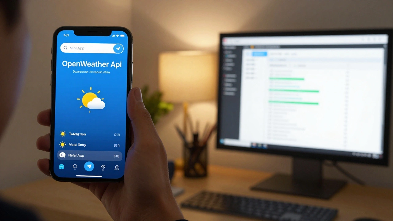 Пользователь смотрит погоду в Mini App, а разработчик следит за запросами к API.