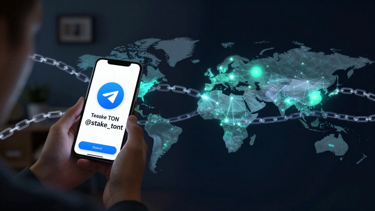 Пользователь в России совершает стейкинг TON через бота, одновременно на карте мира горят узлы сети TON в России, Бразилии и Нигерии.