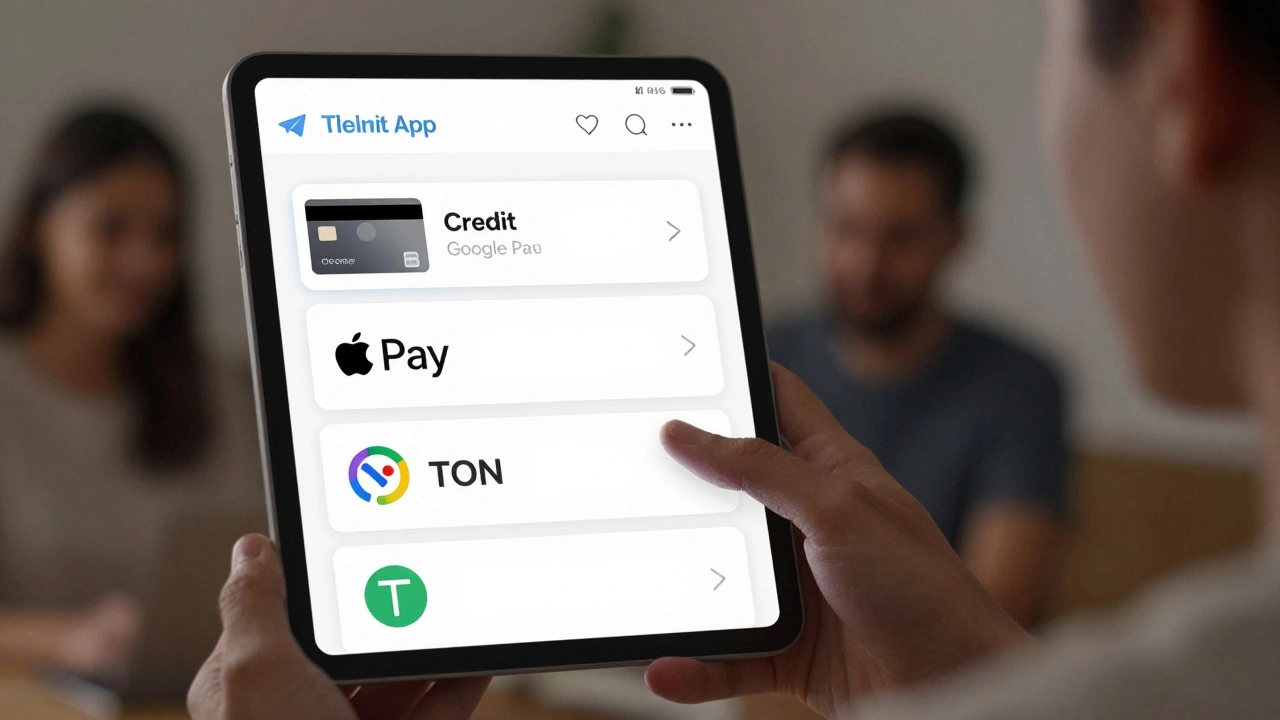 Пользователь выбирает способ оплаты в Telegram Mini App: карта, кошелёк и криптовалюта TON внутри чата.