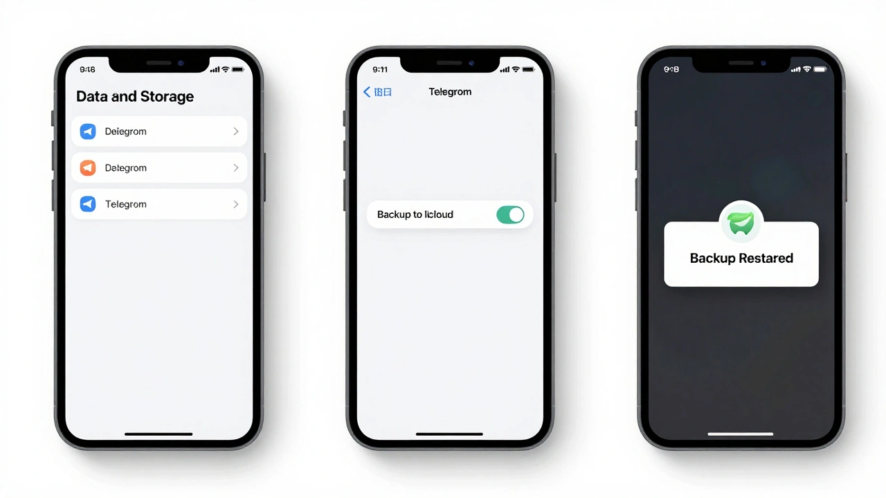 Пошаговое включение резервного копирования Telegram в настройках iPhone.