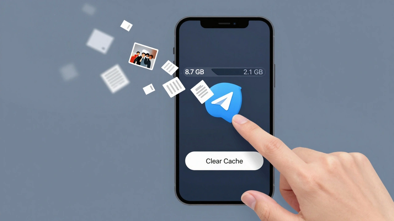 Процесс очистки кеша в Telegram: файлы исчезают из памяти устройства при нажатии кнопки.