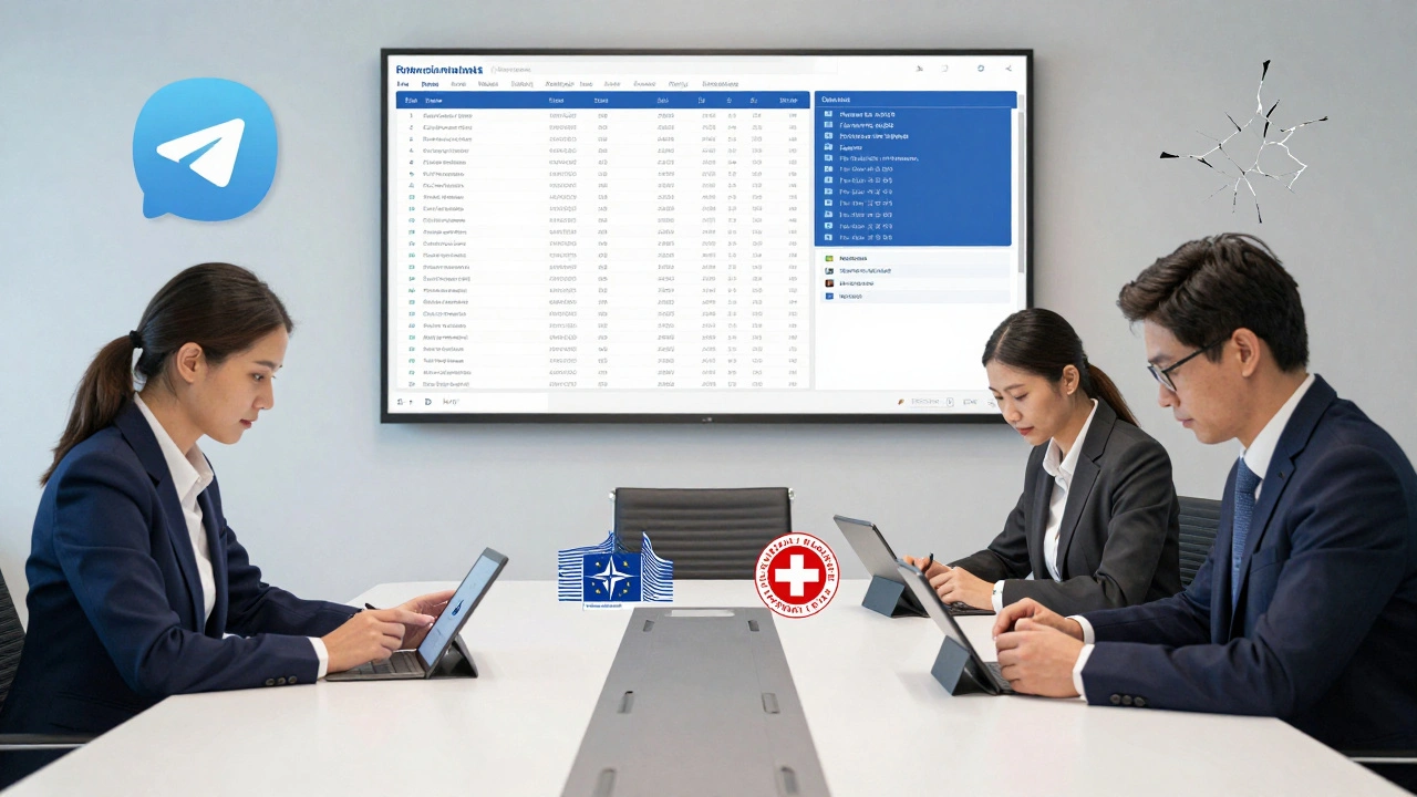 Профессионалы используют Wire на планшетах в офисе с логотипами NATO и ЕС, в то время как Telegram разрушается в углу.