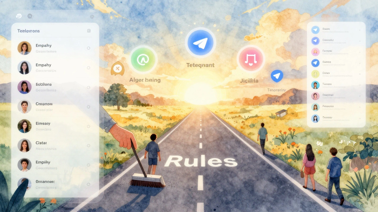 Прозрачная дорога правил в Telegram-сообществе, очищаемая невидимыми руками, с новыми участниками.