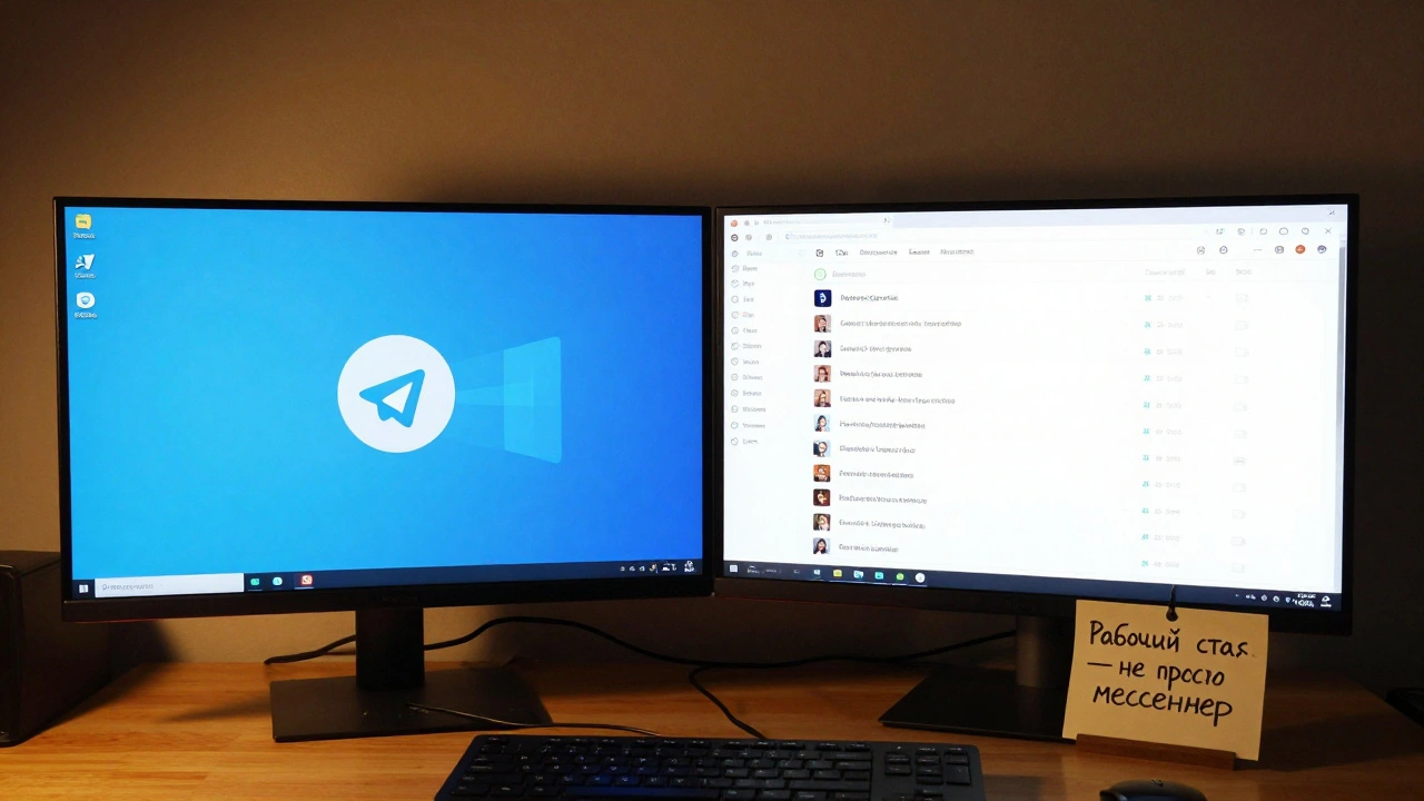 Рабочее место с заблокированными скриншотами и настроенными каналами уведомлений в Telegram Desktop.