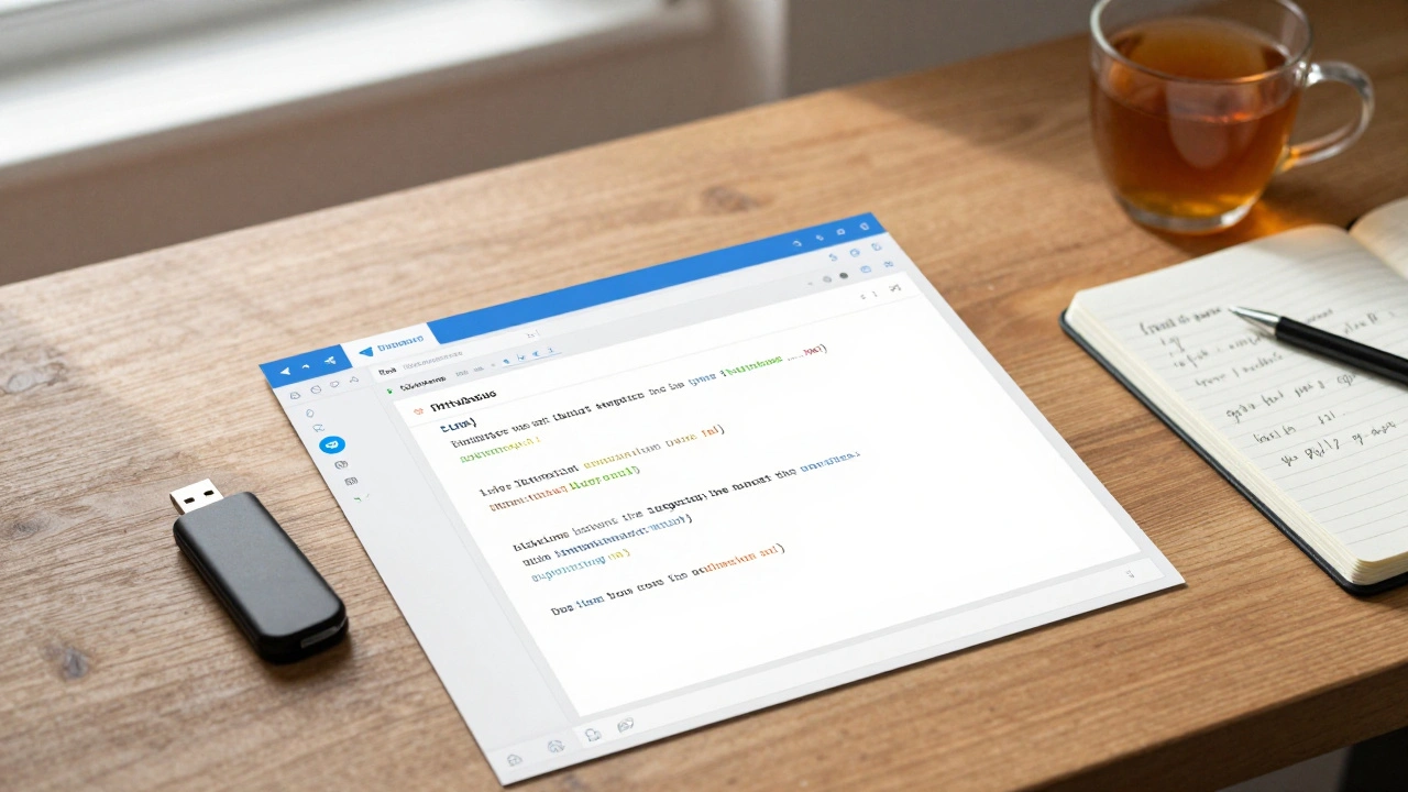 Распечатанный файл экспорта Telegram на столе рядом с флешкой и блокнотом