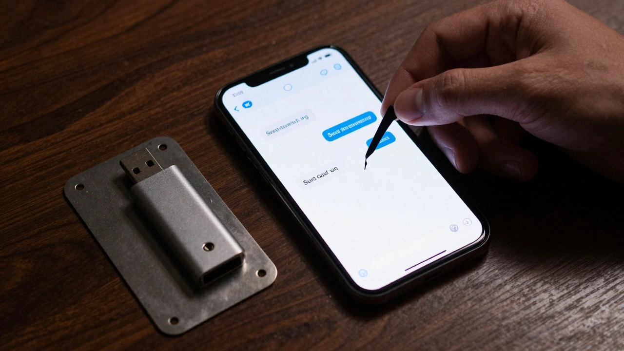 Разорванный скриншот Telegram с seed-фразой рядом с безопасным хранилищем.