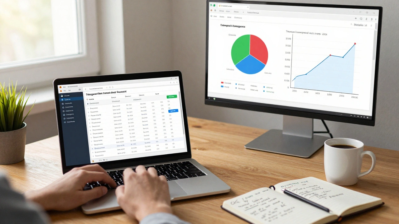 Разработчик на рабочем месте: бот Telegram, Google Sheets с данными и Metabase-диаграммы на экране, утренний свет через окно.