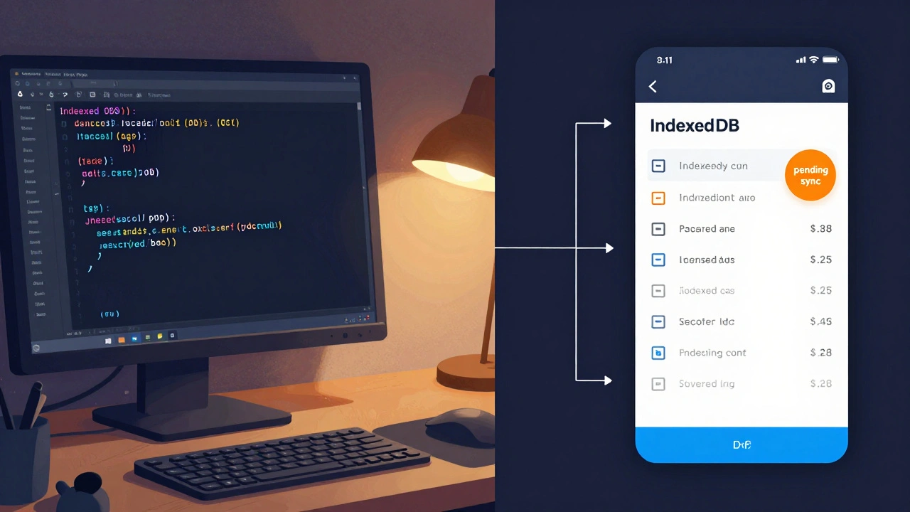 Разработчик пишет код для IndexedDB на мониторе, справа — приложение в офлайн-режиме с меткой 'ожидает синхронизации'.