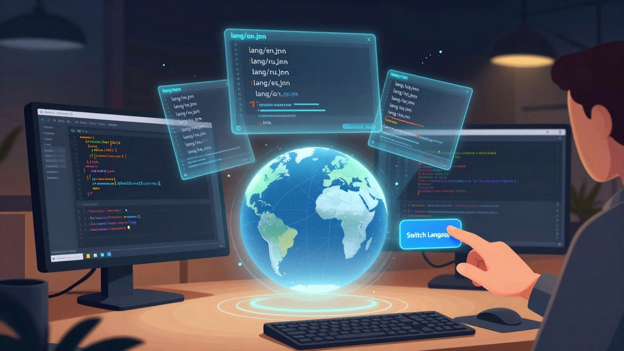Разработчик работает с файлами переводов на нескольких языках, hologрафический глобус отображает регионы с высокой активностью.